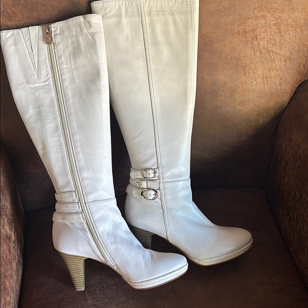 White calf leather high-heeled mid-calf boots, New without Tag.